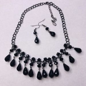 CG Necklace Earrings Set Black Dangle Bead Faceted Etched‎ Links Gunmetal Grey